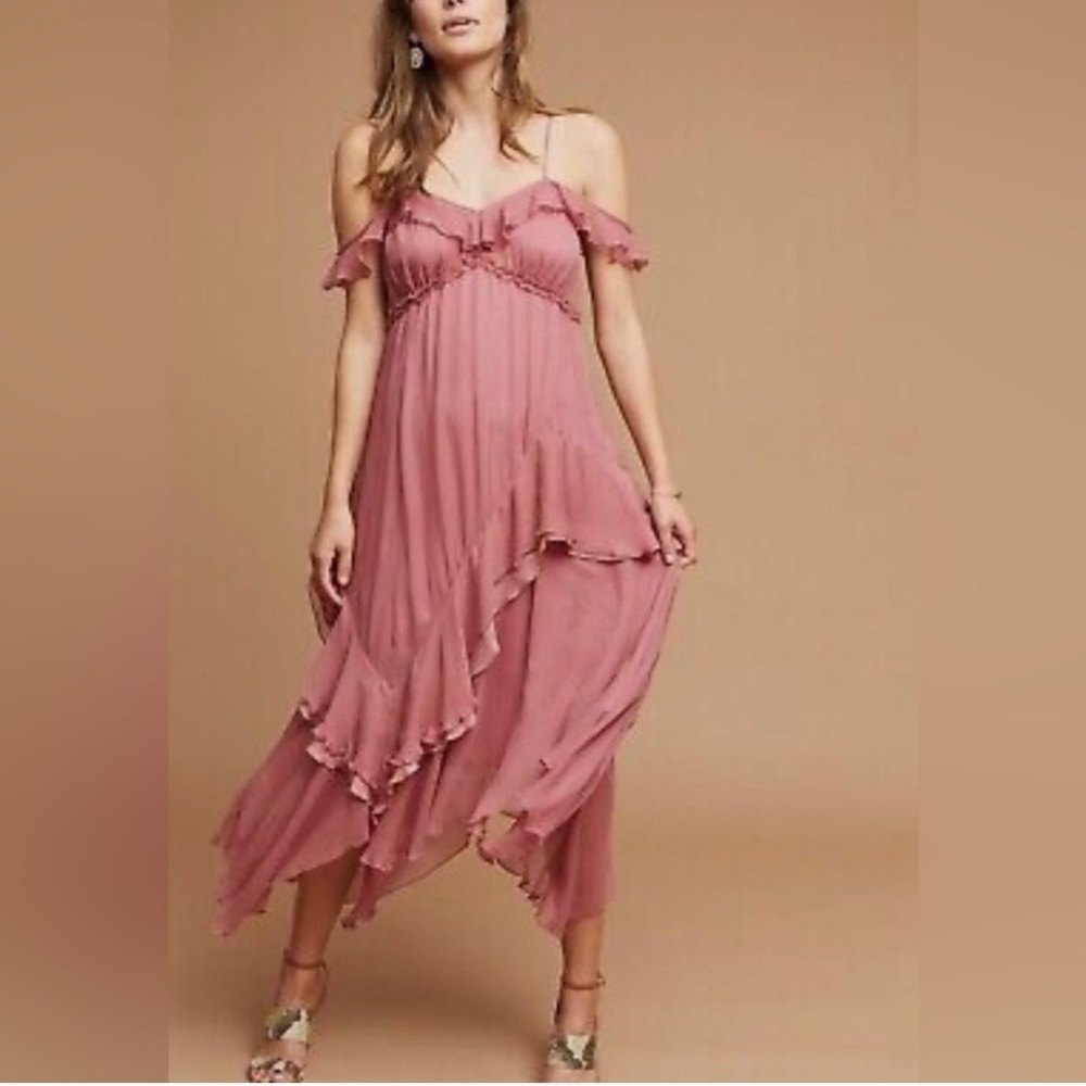 Moulinette Soeurs Anthropologie Ragan Ruffled Dusty Pink Mauve Feminine Dress